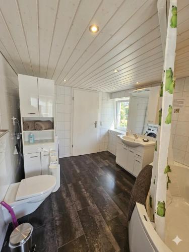 a white bathroom with a toilet and a sink at Ferien im Paradies - Zwischen Bergen & Seen in Brienzwiler