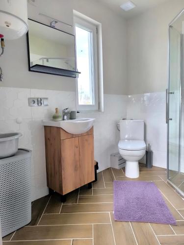 a bathroom with a sink and a toilet and a mirror at #MazuryOFFline in Giżycko
