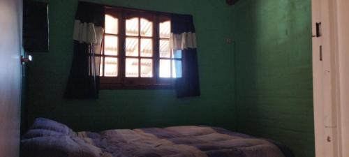 a green bedroom with a bed and a window at La Nave del Olvido- Cabaña Potrerillos in Potrerillos