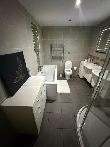 a bathroom with a tub and a toilet and a sink at Echelon Executive suite 1 in Bradford