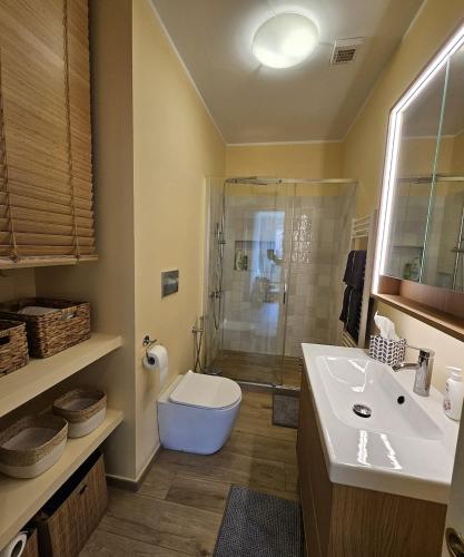 a bathroom with a toilet and a sink and a shower at Riviera Feeling - Ospedaletti in Ospedaletti