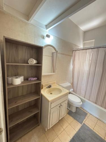 a bathroom with a sink and a toilet and a shower at Stergios Apartment Evdilos Ikaria in Evdilos