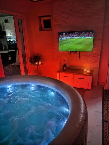 a large hot tub in a room with a tv at RB Apartment 1 (SPA) & 2 in Palić