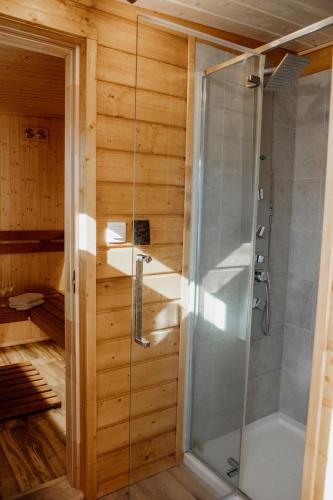 a shower with a glass door in a bathroom at Villa Rustica in Bešeňová