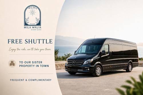 a black van parked next to the ocean at Mila Malia Suites in Malia
