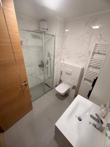 a bathroom with a shower and a toilet and a sink at Modern Riverside Apartment in Sarajevo