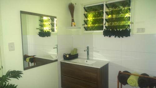 a bathroom with a sink and a mirror at Palmerston Sunset Retreat in Palmerston
