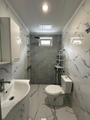 a bathroom with a white toilet and a sink at Casa Bianca Kobuleti in Kobuleti