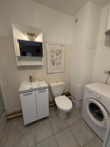 a bathroom with a toilet and a washing machine at Apartment - Beach - AC - Private parking in Saint-Cyprien-Plage