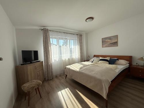 a bedroom with a large bed and a television at Pokoje i apartamenty Pod Dębem in Rowy
