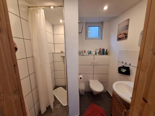 a small bathroom with a toilet and a sink at Apartments Sonne am Sund in Stralsund