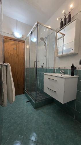 a bathroom with a glass shower and a sink at The Nest & The Crest in Maratea