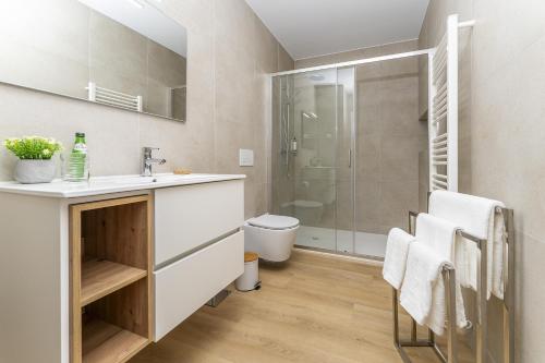a bathroom with a shower and a sink and a toilet at Refugio Moderno as Portas do Geres in Ponte da Barca