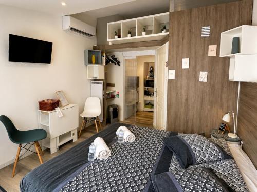 a bedroom with a bed and a television in it at Aux Lofts de VERDUN in Verdun-sur-Meuse