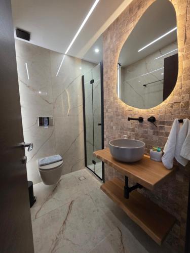 a bathroom with a sink and a mirror and a toilet at Arsenoi's Pool Villa in Skala Potamias