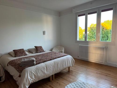 a bedroom with a bed and two windows at Spacious, bright and comfortable bedrooms in Lannemezan