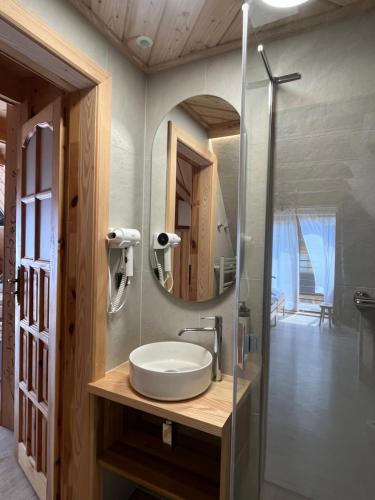 a bathroom with a sink and a mirror at Gościniec u Bobaków in Ząb