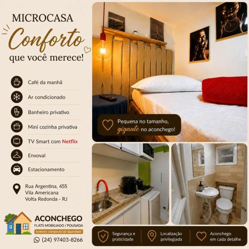 a flyer for a hotel room with a bed and a bathroom at micro 3 in Volta Redonda