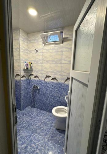a bathroom with a toilet and a blue tile floor at Gomismta Sky House in Gomi