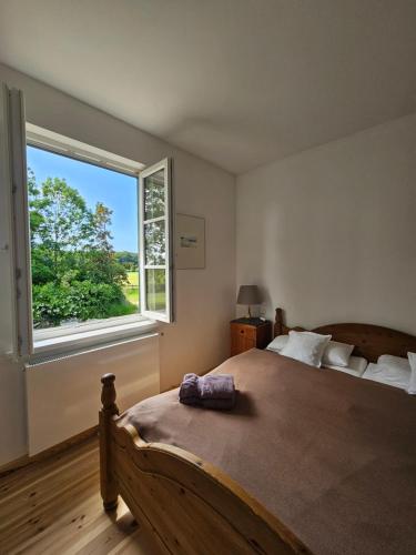 a bedroom with a large bed with a large window at Kiekutsland in Westerholz