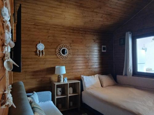 a bedroom with a bed and a couch and a window at Popa Cabana in Sibiu