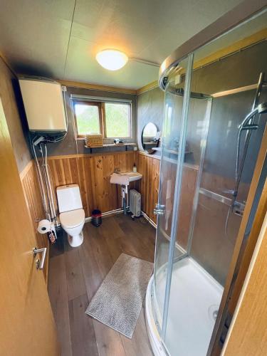 a small bathroom with a shower and a toilet at Vestra-Fíflholt cabin 3 in Hvolsvöllur
