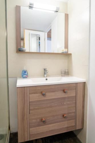 a bathroom with a sink and a mirror at Le gîte du comte 2/3 personnes in Saint-Germain-de-Calberte