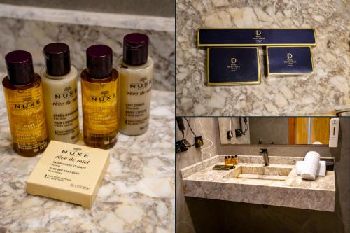 two pictures of a bathroom with two bottles of perfume at Hotel Deauville El jadida in El Jadida