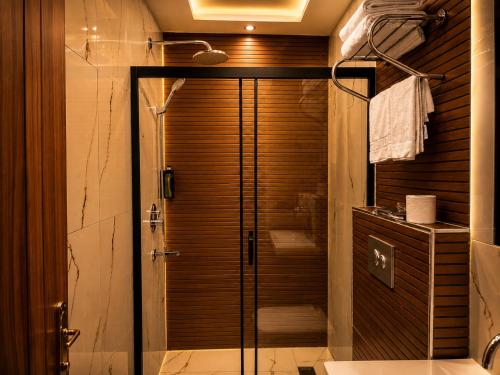 a shower with a glass door in a bathroom at Palmiye Suite Hotel Bakirkoy City Center in Istanbul