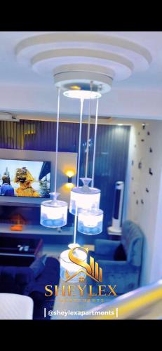 a living room with a couch and a tv at Sheylex Apartments in Idogwari