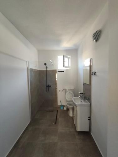 a bathroom with a shower and a toilet and a sink at vila CALIL in Eforie Nord