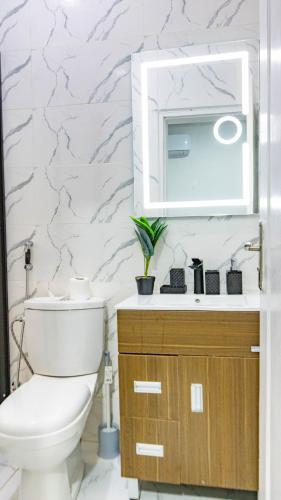 a bathroom with a toilet and a sink and a mirror at Moonlight heaven suites in Limbe