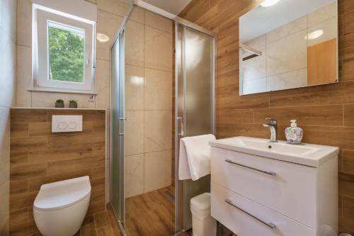 a bathroom with a toilet and a sink and a shower at Holiday house Gloria in Vrbnik