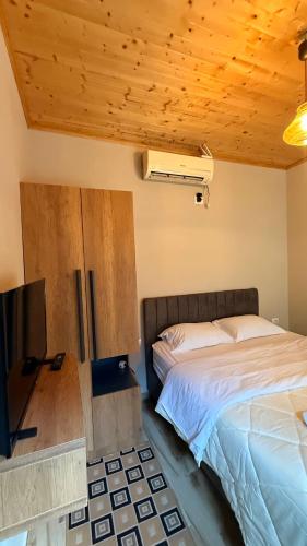 a bedroom with a bed and a flat screen tv at - Cemi Rooms - River View & Traditional Restaurant in Tamarë