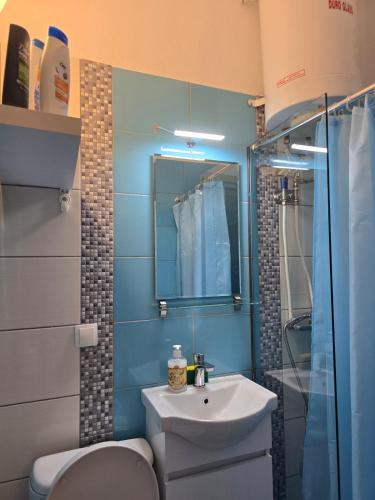 a bathroom with a sink and a toilet and a shower at Apartment Natasha in Paralia Katerinis