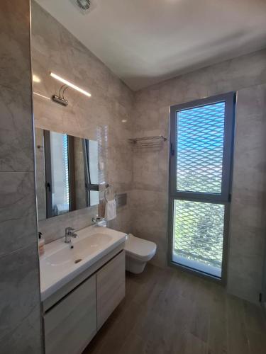 a bathroom with a sink and a toilet and a window at PMTR Residence in Bar