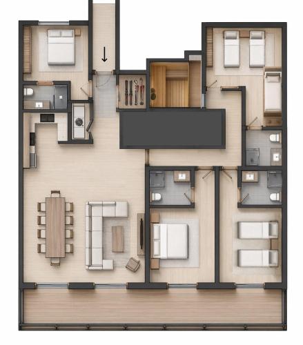 a rendering of a floor plan of a house at Catered chalet ideal location centre of Alpe d'Huez - 4 en-suite bedrooms - sauna - private home cinema - 10 people in L'Alpe-d'Huez