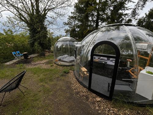 two domes are sitting in the grass in a yard at Skyhomes Bubble Hotel in Prague