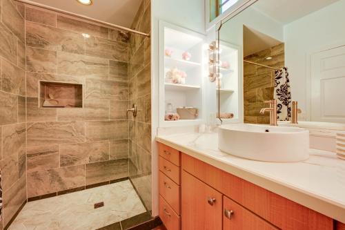 a bathroom with a sink and a shower at Waterfront Bellingham Bliss: Steps to Beach! in Bellingham