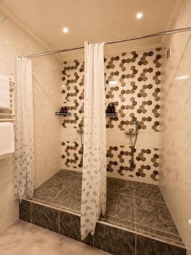 a bathroom with a shower with a shower curtain at Babushka House Hostel in Bishkek