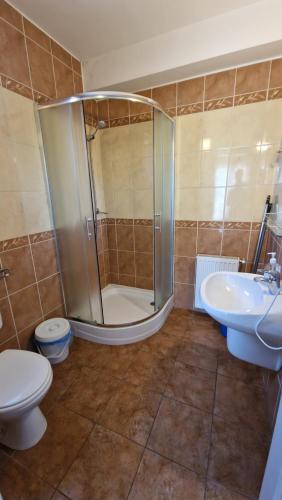 a bathroom with a shower and a toilet and a sink at Napsugár Resort in Siófok