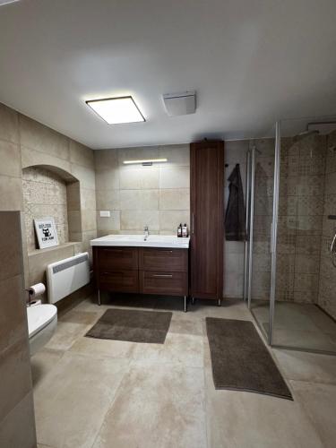 a bathroom with a tub and a sink and a shower at Ferienwohnung Strohblume 2 in Rust