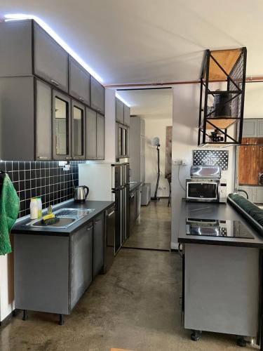 a kitchen with stainless steel counter tops and appliances at Villa Karabelli in Búč