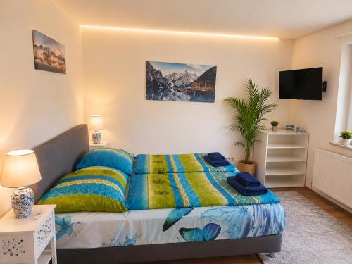 a bedroom with a bed and a television in it at Seeparadies in Unter Feuchten