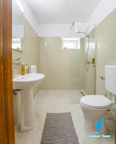 a bathroom with a sink and a toilet and a shower at Hotel Carmen Tower - Balada in Saturn