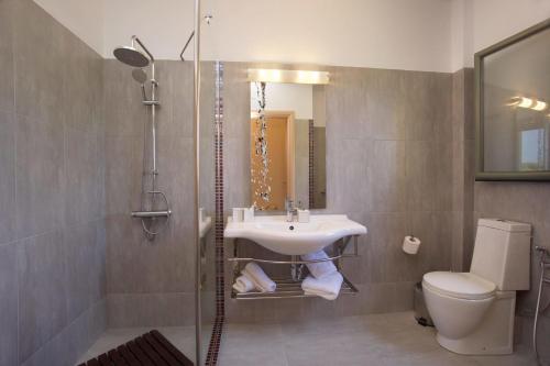 a bathroom with a sink and a toilet and a shower at Trapezaki Bay Cottage in Trapezaki