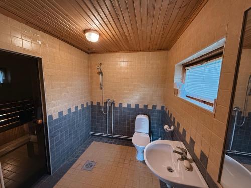 a bathroom with a sink and a toilet and a shower at Hubane palkmaja Otepää südames in Otepää