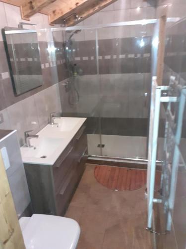 a bathroom with a sink and a shower and a toilet at Chalet Le Plan du Rtia in Morzine