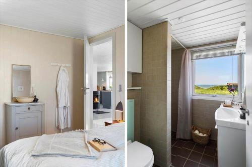 two pictures of a bathroom with a bed and a sink at LN1938-Hirtshals-Kranken-9 in Hirtshals