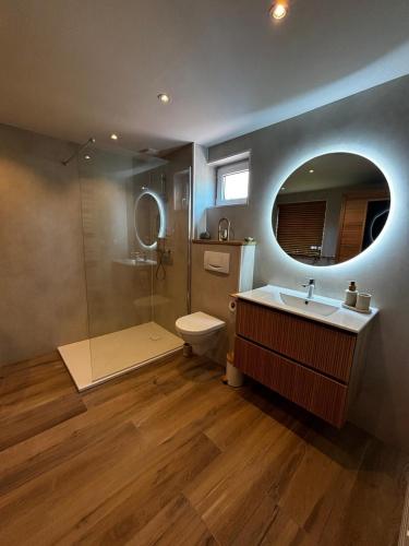 a bathroom with a sink and a toilet and a mirror at Zilt en Zen Zeeland in Bruinisse